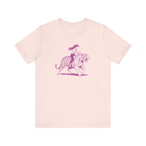 Cowgirl Riding Tiger Front Print Graphic Tee - Retro Style with Humor