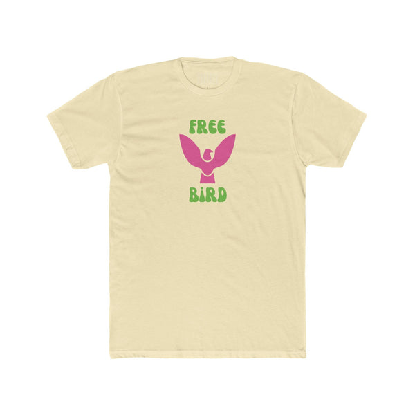 Beige unisex cotton tee with neon pink bird graphic and green "Free Bird" text in retro style font