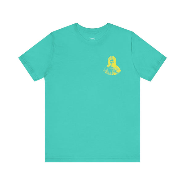 Turquoise unisex t-shirt with small yellow Jesus in crown of thorns print on front left side, comfortable cotton Jesus t shirt