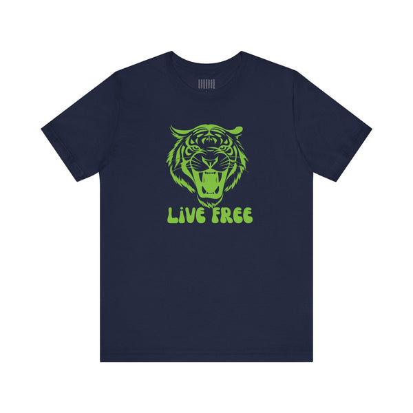 Navy t-shirt with bold green tiger graphic and "LIVE FREE" text, casual streetwear style.