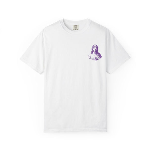 White unisex Christian streetwear tee with small purple Jesus graphic on left chest