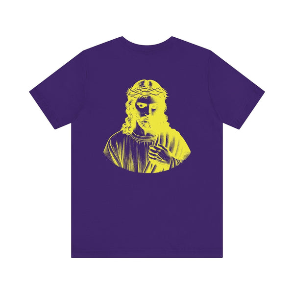 Purple Christian streetwear T-shirt with mini yellow Jesus print on front left chest and jumbo yellow Jesus graphic on back
