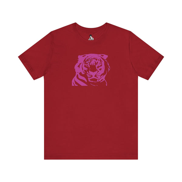 70s style retro red tee with pink tiger graphic front and unisex fit
