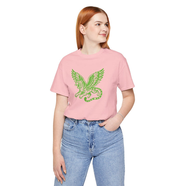 Woman wearing pink t-shirt with neon green winged tiger graphic on front
