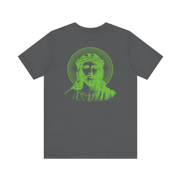 Green halo Jesus graphic print on the back of dark gray streetwear t-shirt