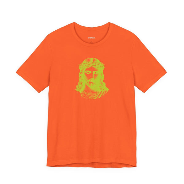 Orange unisex cotton t-shirt with lime green Jesus graphic print on the front