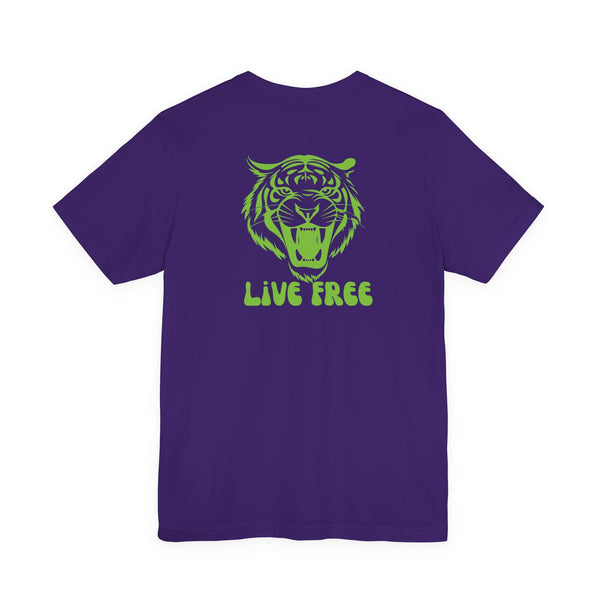 Purple tee with green vintage tiger graphic and "Live Free" text back print