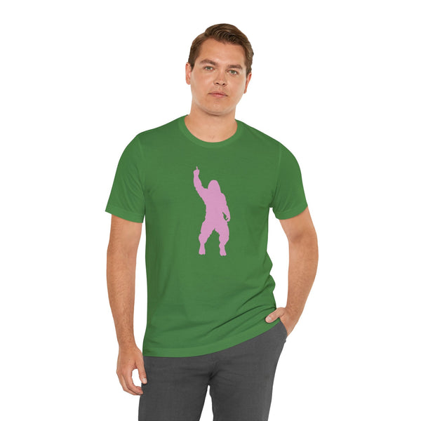 Man wearing green t-shirt with pink Bigfoot graphic print, casual cotton tee with mythical design