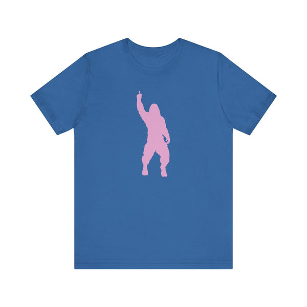 Blue bigfoot t shirt with pink cheeky Sasquatch silhouette graphic for mythical creature fans