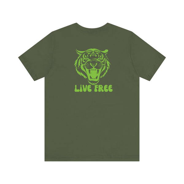 green t-shirt with vintage tiger roaring graphic and "Live Free" text back print