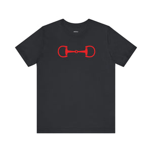 Black equestrian t-shirt with bold red horse bit graphic on the chest, made of 100% Airlume cotton.