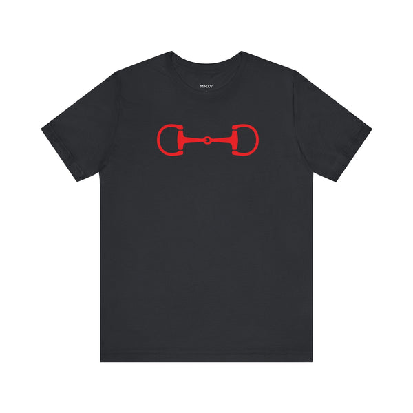 Black equestrian t-shirt with bold red horse bit graphic on the chest, made of 100% Airlume cotton.