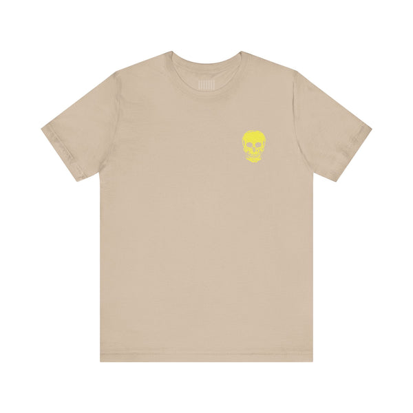 Beige underground style t-shirt with mini yellow skull chest print and jumbo skull graphic on back