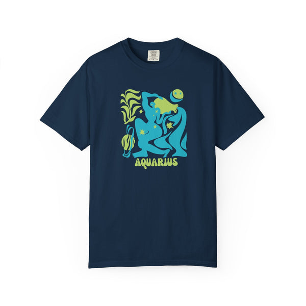 Navy Aquarius zodiac graphic tee with vibrant aqua blues and greens celestial design featuring water-bearer motif and stars