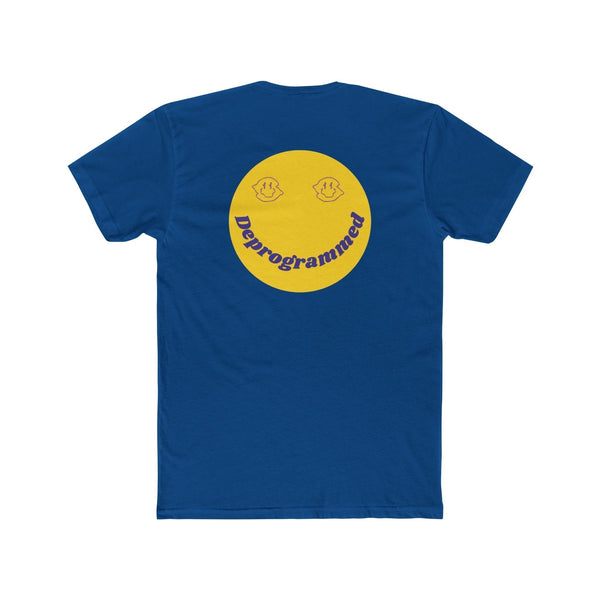 Blue 1990's rave t-shirt with oversized yellow smiley face and "Deprogrammed" text backprint