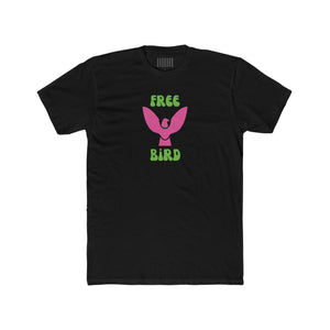 Black unisex cotton tee with neon pink bird graphic and green "Free Bird" retro text