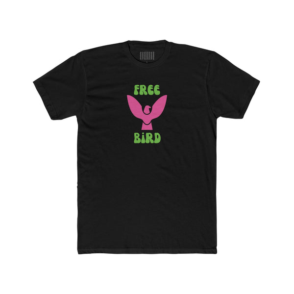 Black unisex cotton tee with neon pink bird graphic and green "Free Bird" retro text