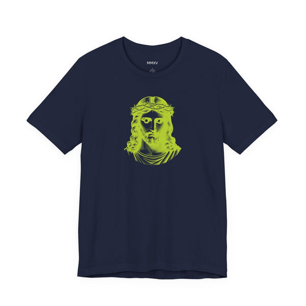 Navy blue unisex Christian graphic t-shirt with lime green graphic of Jesus wearing a crown of thorns, Christian faith streetwear design.
