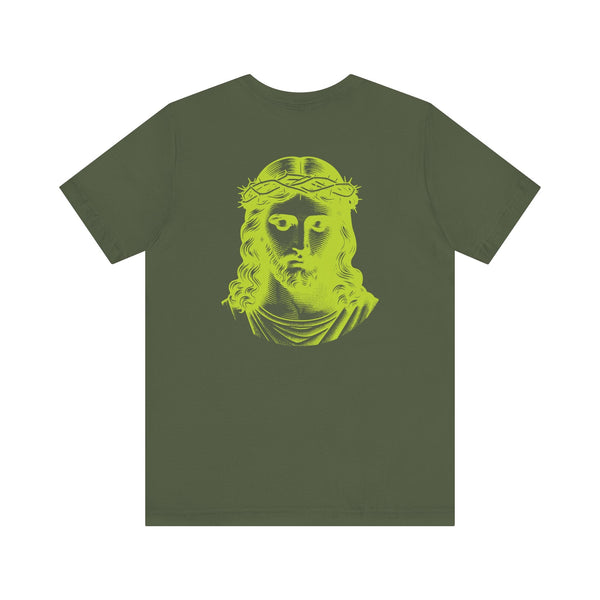 Olive green tee with large lime green Jesus portrait back print and small front graphic on left chest, unisex cotton shirt by Iconic by Sandra Oles