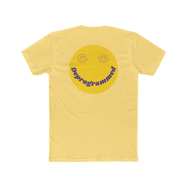 Yellow retro smiley face graphic tee with deprogrammed text, 1990's rave style back print