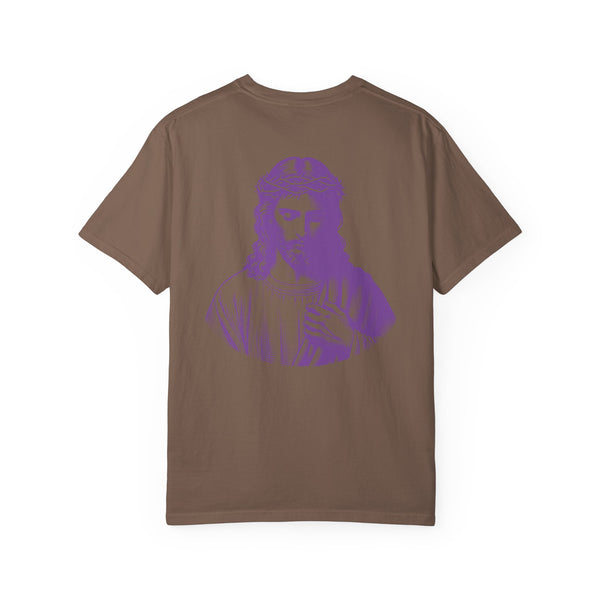 Brown tee with large purple Jesus graphic on the back, streetwear style