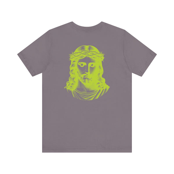 Gray unisex t-shirt with lime green jumbo Jesus portrait print on the back and small Jesus graphic on the front left chest.