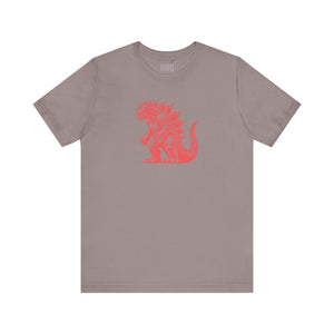 Unisex grey t-shirt featuring a hand-drawn red Godzilla graphic with vintage comic style.