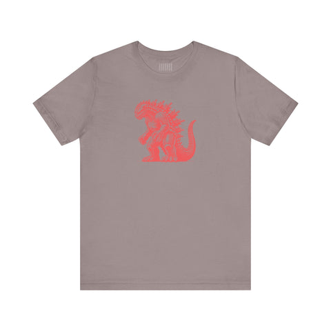 Unisex grey t-shirt featuring a hand-drawn red Godzilla graphic with vintage comic style.