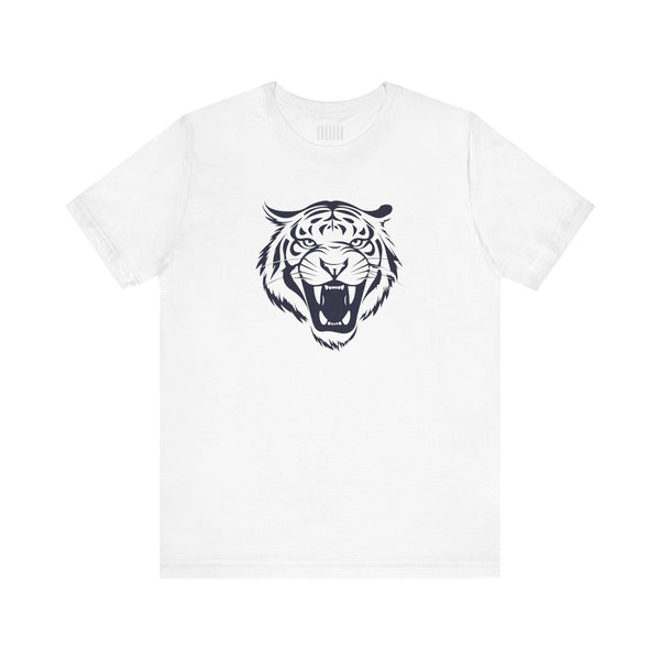 White tee shirt with large navy blue roaring tiger head graphic front print, casual cotton blue tiger shirt for unisex fashion