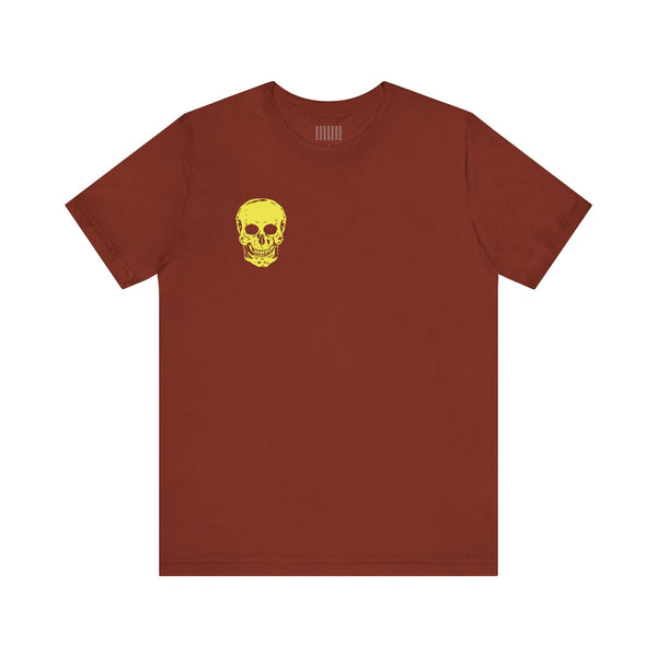 Brown streetwear t-shirt with yellow mini skull graphic on left chest