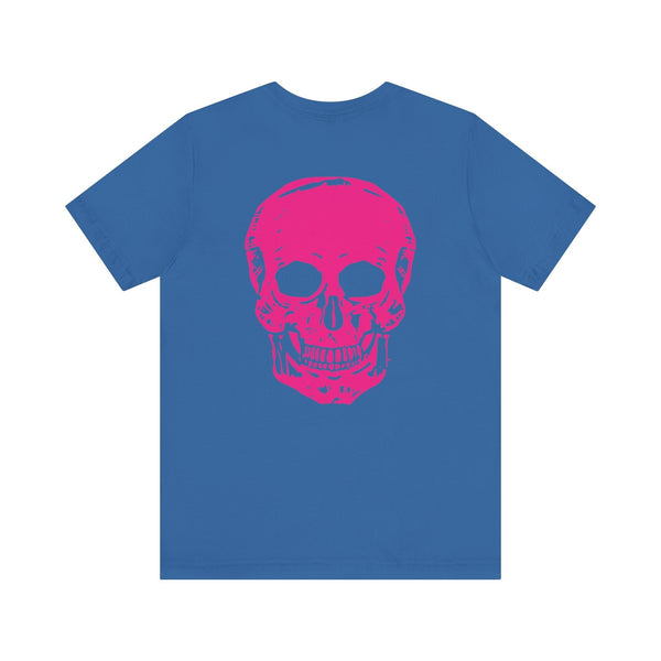 blue punk rock tee with large hot pink skull graphic on back