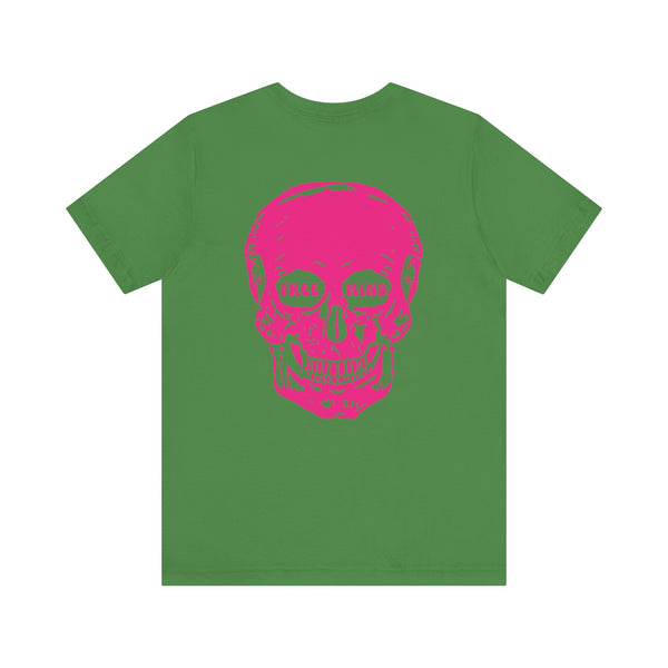 Green graphic tee with large pink skull and "Free Mind" text back print statement streetwear