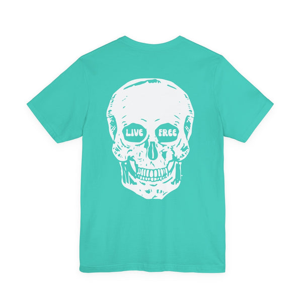 Turquoise streetwear t-shirt with a large white "Live Free" skull graphic on the back.