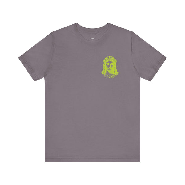 Lime green Jesus t-shirt with mini front left graphic on gray fabric, unisex fit design