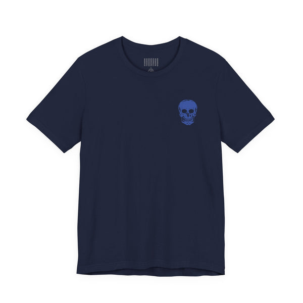 Navy graphic tee shirt with small blue skull on front left chest and large blue skull back print