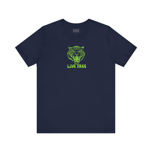 Navy blue unisex tee with green roaring tiger graphic and "Live Free" text, breathable cotton live free streetwear