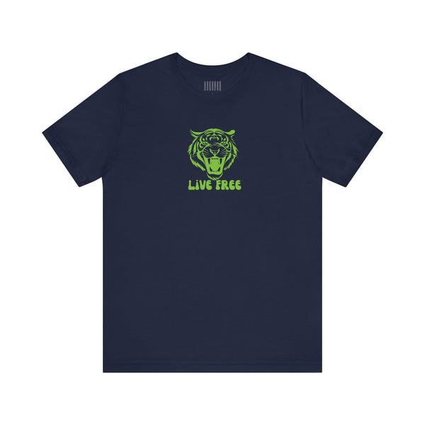 Navy blue unisex tee with green roaring tiger graphic and "Live Free" text, breathable cotton live free streetwear
