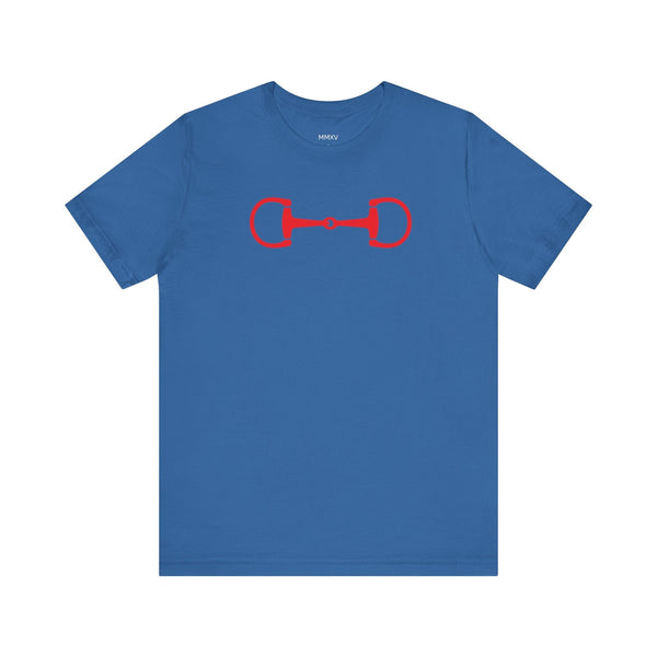 Blue equestrian t-shirt with red horsebit graphic centered on front, short sleeves, and crew neck collar.