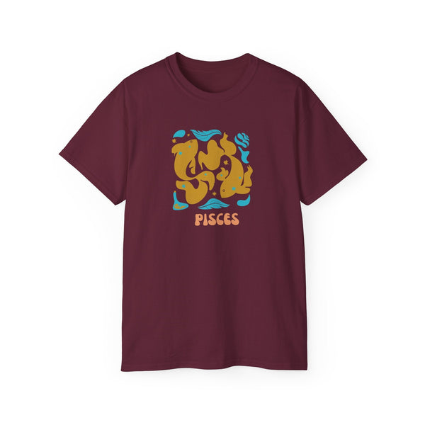 Maroon Pisces t shirt with artistic zodiac graphic in yellow and blue for astrology lovers.