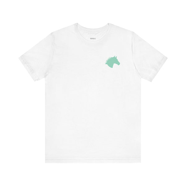 White unisex t shirt with aqua horse head graphic front print