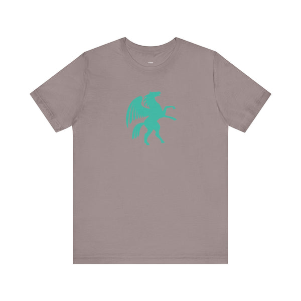 Taupe cool graphic t-shirt with turquoise Pegasus mythical winged horse print on front