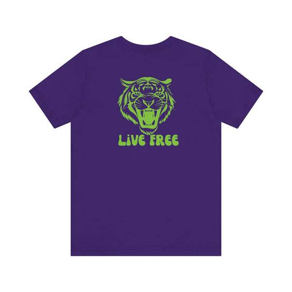 Purple tee with green vintage tiger roaring graphic and "Live Free" text back print