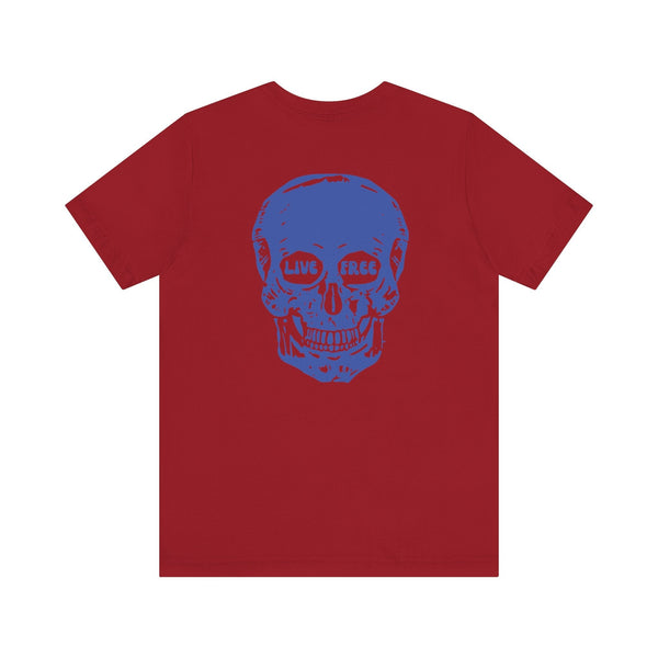 Red streetwear t-shirt with a large blue skull back print featuring the words "Live Free" in the eye sockets
