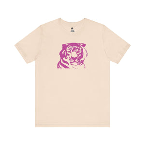 70s style retro beige tee with bold pink tiger graphic on front