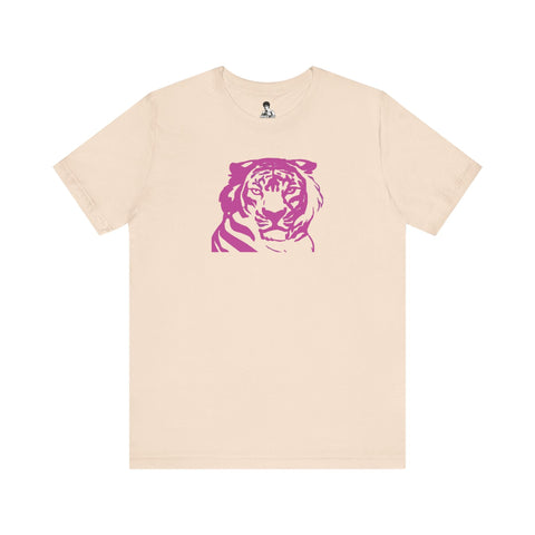 70s style retro beige tee with bold pink tiger graphic on front