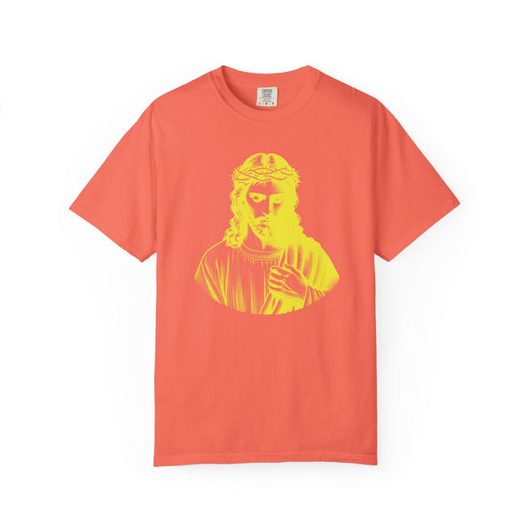 Unisex coral tee with yellow Jesus crown of thorns religious graphic print