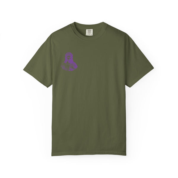 Olive green t-shirt with small purple Jesus graphic on front left chest