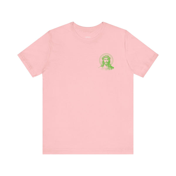Pink t-shirt with small green Jesus with halo graphic on left chest, soft cotton, streetwear fit.