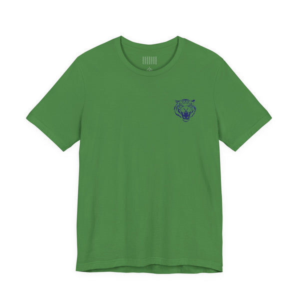 Green retro graphic tee with mini roaring tiger head left front print