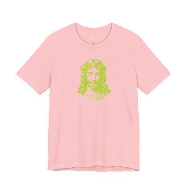 Pink Christian graphic tee with lime green Jesus print and crew neck design